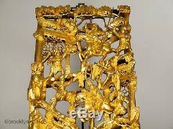 Antique Chinese Carved & Gold Gilt Wood Panel / Screen Warriors on Horseback