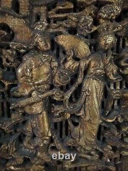 Antique Chinese Carved /Gold Leafed Wood Oak Panel of a Couple, 15 ¼ x 12 ¾