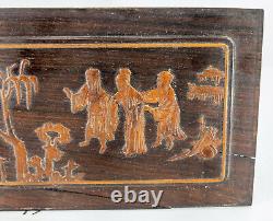 Antique Chinese Carved Hardwood Panel Zitan Rosewood Boxwood Scholars