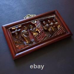 Antique Chinese Carved Lacquer Wooden Panel Wall Art Hanging Plaque