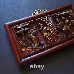Antique Chinese Carved Lacquer Wooden Panel Wall Art Hanging Plaque