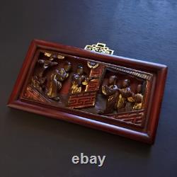 Antique Chinese Carved Lacquer Wooden Panel Wall Art Hanging Plaque