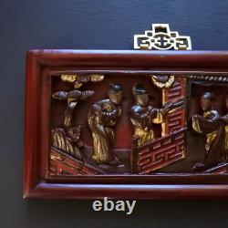 Antique Chinese Carved Lacquer Wooden Panel Wall Art Hanging Plaque