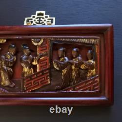 Antique Chinese Carved Lacquer Wooden Panel Wall Art Hanging Plaque