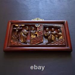 Antique Chinese Carved Lacquer Wooden Panel Wall Art Hanging Plaque