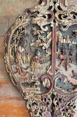 Antique Chinese Carved Polychrome Gilt Wood Furniture Panel with FIgures Old