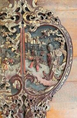 Antique Chinese Carved Polychrome Gilt Wood Furniture Panel with FIgures Old