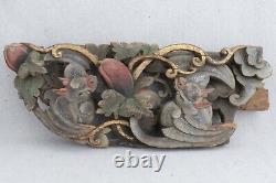 Antique Chinese Carved Polychrome Wood Panel Fragment Bats Leaves & Fruit 19½