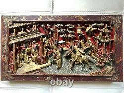 Antique Chinese Carved Red Gilt Painted Wood Panel 15 1/8 X 9 1/2