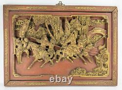 Antique Chinese Carved Red and Gilt Gold Carved Wood Panel with Warriors