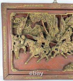 Antique Chinese Carved Red and Gilt Gold Carved Wood Panel with Warriors