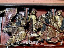 Antique Chinese Carved Red and Gilt Gold Carved Wood Panel with Warriors Framed