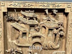 Antique Chinese Carved Teak Wood Relief Wall Art Story Telling Temple