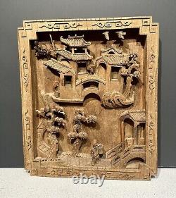 Antique Chinese Carved Teak Wood Relief Wall Art Story Telling Temple
