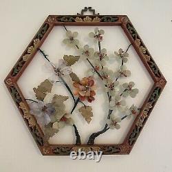 Antique Chinese Carved Wood Architectural Jade Floral Panel Wall Art Early 20th
