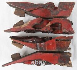 Antique Chinese Carved Wood Architectural Panel Fragment Lot Foo Dog Red Lacquer
