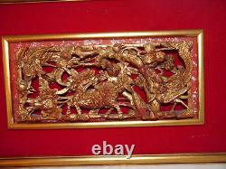 Antique Chinese Carved Wood Carved Panel, Phoenix Mythical Lion Flowers Trees
