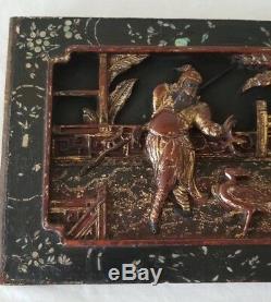 Antique Chinese Carved Wood Gold Gilt Scene Relief Panel Plaque Wall Hanging