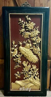 Antique Chinese Carved Wood Lacquered Gilt Wall Panel