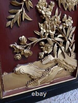 Antique Chinese Carved Wood Lacquered Gilt Wall Panel