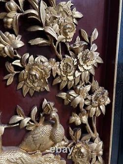 Antique Chinese Carved Wood Lacquered Gilt Wall Panel