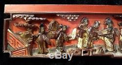Antique Chinese Carved Wood Panel Gold Gilt People Temple China Old