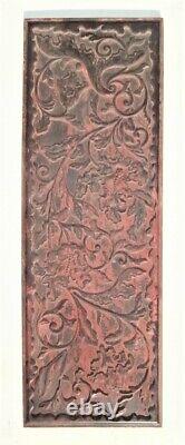 Antique Chinese Carved Wood Panel Imperial Cinnabar Scrolling Acanthus Leaves