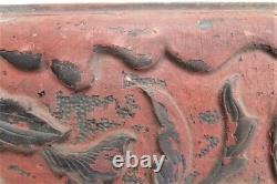 Antique Chinese Carved Wood Panel Imperial Cinnabar Scrolling Acanthus Leaves