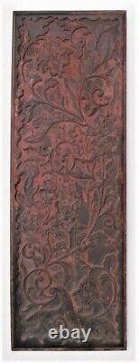 Antique Chinese Carved Wood Panel Imperial Cinnabar Scrolling Acanthus Leaves