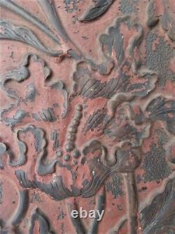 Antique Chinese Carved Wood Panel Imperial Cinnabar Scrolling Acanthus Leaves
