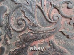 Antique Chinese Carved Wood Panel Imperial Cinnabar Scrolling Acanthus Leaves