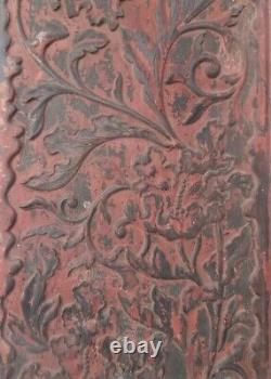 Antique Chinese Carved Wood Panel Imperial Cinnabar Scrolling Acanthus Leaves