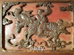 Antique Chinese Carved Wood Panel Kylin Sending Child