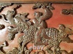 Antique Chinese Carved Wood Panel Kylin Sending Child