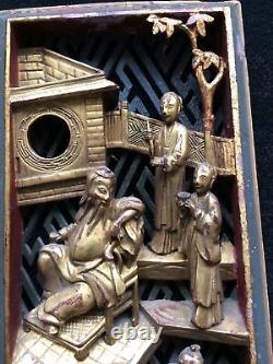 Antique Chinese Carved Wood Panel Red Lacquer & Gilt Figural Scene