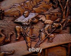 Antique Chinese Carved Wood Panel Water Margin Lin Chong Classical Literature