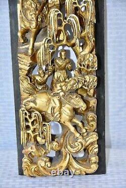 Antique Chinese Carved Wood Qing Dynasty Panel With Scenes of Battles & Nobles