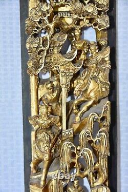 Antique Chinese Carved Wood Qing Dynasty Panel With Scenes of Battles & Nobles