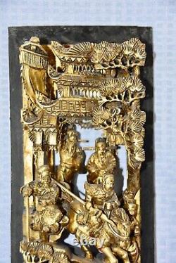 Antique Chinese Carved Wood Qing Dynasty Panel With Scenes of Battles & Nobles