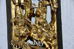 Antique Chinese Carved Wood Qing Dynasty Panel With Scenes of Battles & Nobles