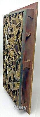 Antique Chinese Carved Wood Relief Board Panel Gold Gilt Bird Animal Flowers