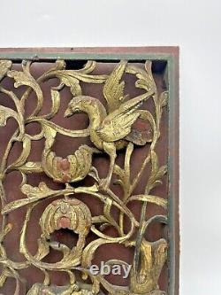 Antique Chinese Carved Wood Relief Board Panel Gold Gilt Bird Animal Flowers