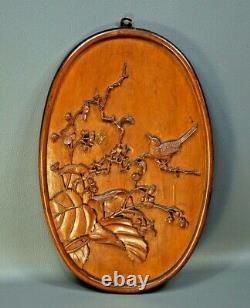 Antique Chinese Carved Wood Wall Carving Plaque Wooden Panel Bird Flowers Leaves