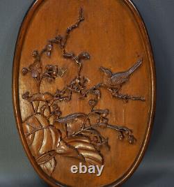 Antique Chinese Carved Wood Wall Carving Plaque Wooden Panel Bird Flowers Leaves