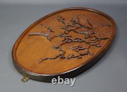 Antique Chinese Carved Wood Wall Carving Plaque Wooden Panel Bird Flowers Leaves