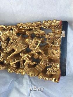 Antique Chinese Carved Wood Wall Panel Gold Gilt Battlefield Scenes