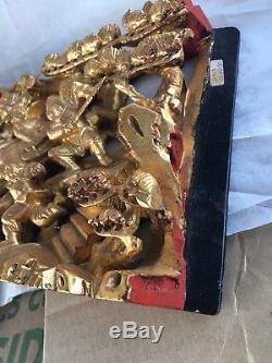 Antique Chinese Carved Wood Wall Panel Gold Gilt Battlefield Scenes
