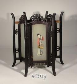 Antique Chinese Carved Zitan Lantern Hardwood Glass Panels Ladies Lamp