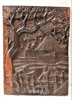 Antique Chinese China Carved EBONY Wood Carving Wall Plaque Panel 15 1/2 6.1