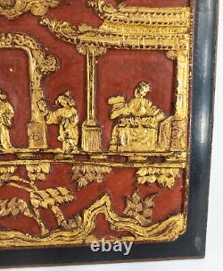 Antique Chinese Chinoiserie Gilt Decorated Decorative Carved Wood Panel PLaque